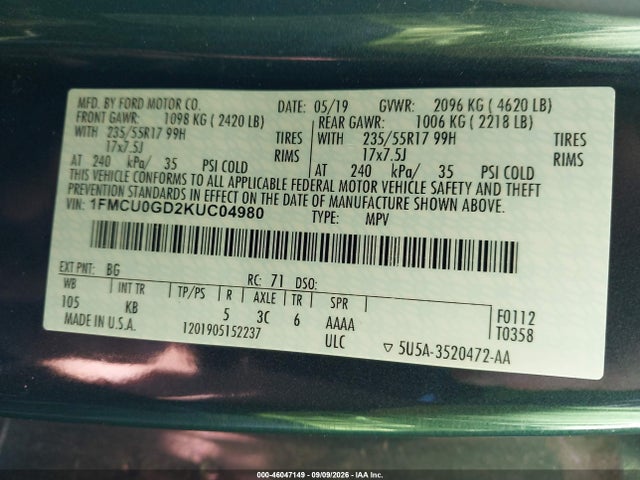 Ford ESCAPE SE 2019 1FMCU0GD2KUC04980 Image 9