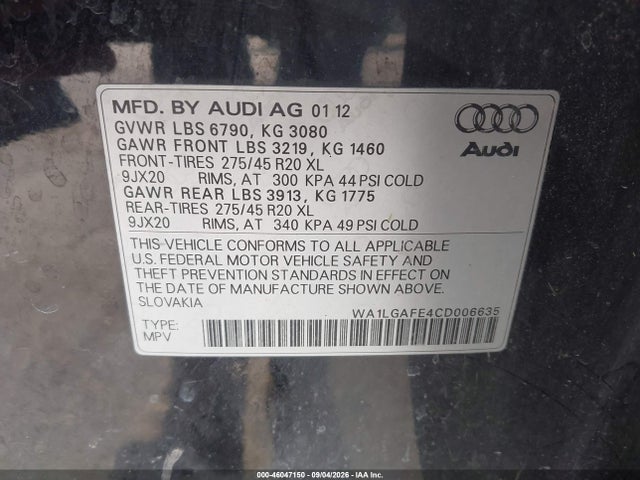 Продаж на аукціоні авто 2012 Audi Q7 3.0t Premium, vin: WA1LGAFE4CD006635, номер лоту: 46047150