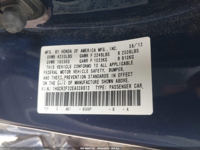 46047197 :رقم المزاد ، 1HGCR2F32EA008913 vin ، 2014 Honda Accord Lx مزاد بيع