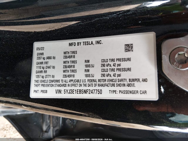 5YJ3E1EB5NF247750 Tesla Model 3 Long Range Dual Motor All-wheel Drive