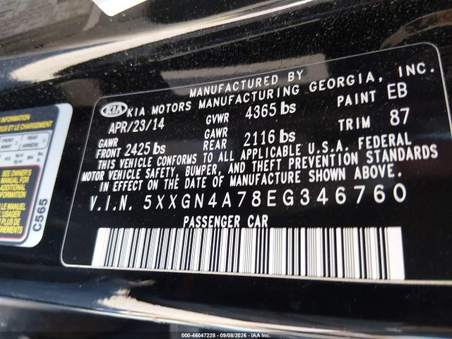 Продажа на аукционе авто 2014 Kia Optima Ex, vin: 5XXGN4A78EG346760, номер лота: 46047228