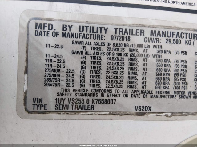 2019 Utility Trailer Mfg Unknown მანქანა იყიდება აუქციონზე, vin: 1UYVS2530K7658007, აუქციონის ნომერი: 46047231