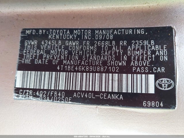 Продажа на аукционе авто 2009 Toyota Camry Le, vin: 4T1BE46K89U887102, номер лота: 46047255