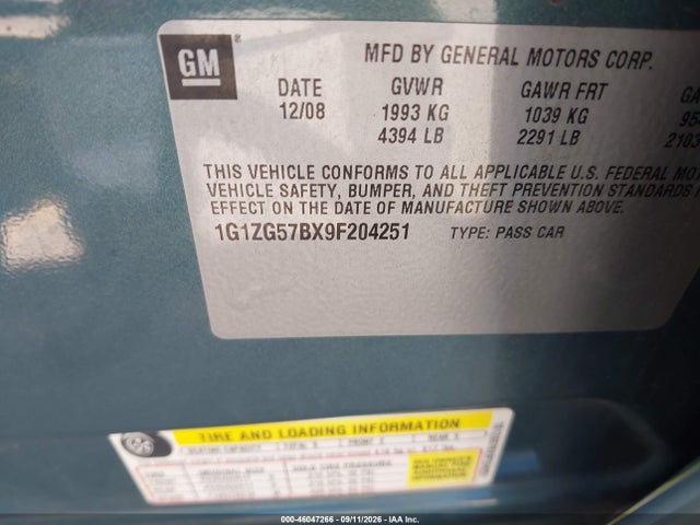 46047266 :رقم المزاد ، 1G1ZG57BX9F204251 vin ، 2009 Chevrolet Malibu Ls مزاد بيع