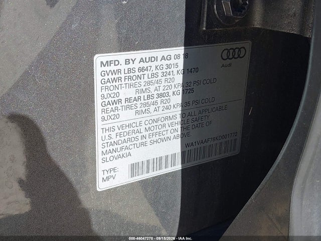 46047270 :رقم المزاد ، WA1VAAF78KD001772 vin ، 2019 Audi Q7 55 Premium مزاد بيع