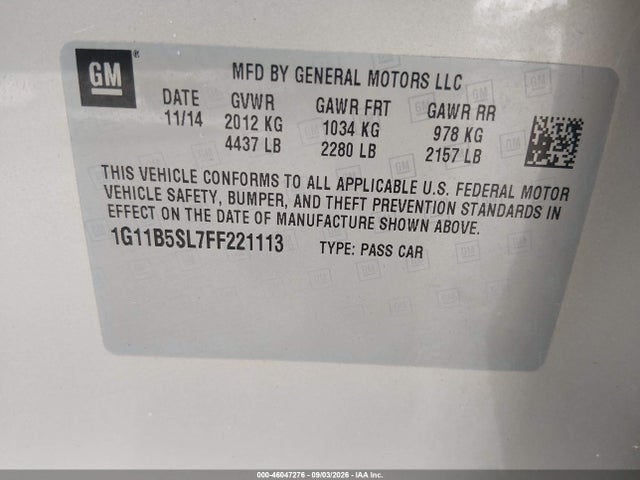46047276 :رقم المزاد ، 1G11B5SL7FF221113 vin ، 2015 Chevrolet Malibu Ls مزاد بيع