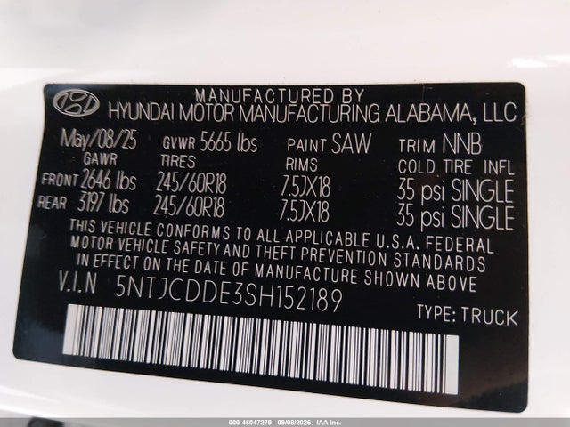 Auction sale of the 2025 Hyundai Santa Cruz Sel Activity, vin: 5NTJCDDE3SH152189, lot number: 46047279