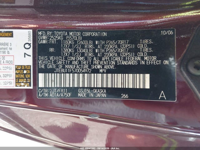 46047282 :رقم المزاد ، JTEBU11F570054972 vin ، 2007 Toyota Fj Cruiser مزاد بيع