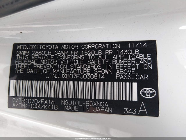Aukcja sprzedaży 2015 Scion Iq, vin: JTNJJXB07FJ030814, numer aukcji: 46047284