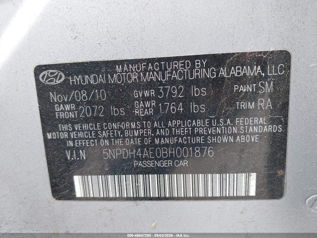 2011 Hyundai Elantra Gls მანქანა იყიდება აუქციონზე, vin: 5NPDH4AE0BH001876, აუქციონის ნომერი: 46047295