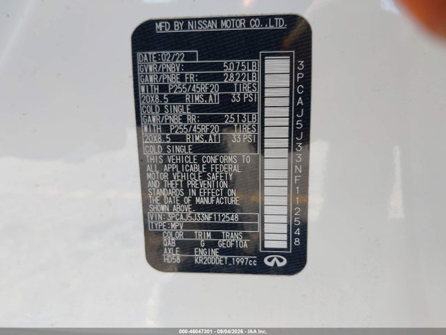 Aukcja sprzedaży 2022 Infiniti Qx55 Luxe Awd, vin: 3PCAJ5J33NF112548, numer aukcji: 46047301