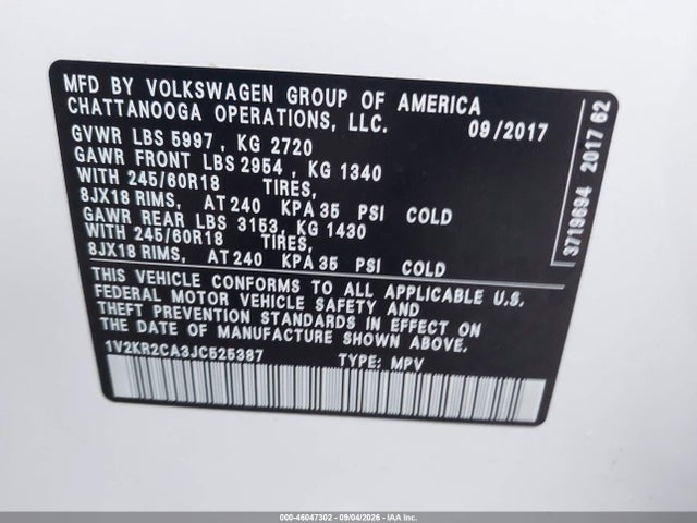 46047302 :رقم المزاد ، 1V2KR2CA3JC525387 vin ، 2018 Volkswagen Atlas 3.6l V6 Se مزاد بيع