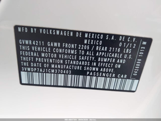 2012 Volkswagen Jetta 2.5l Se მანქანა იყიდება აუქციონზე, vin: 3VWDP7AJ1CM370403, აუქციონის ნომერი: 46047304