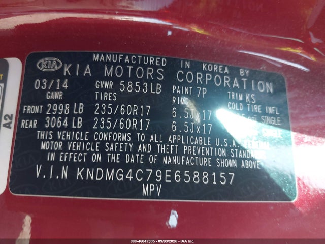 Aukcja sprzedaży 2014 Kia Sedona Lx, vin: KNDMG4C79E6588157, numer aukcji: 46047305