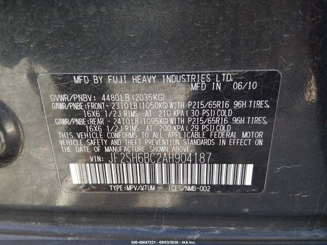 Aukcja sprzedaży 2010 Subaru Forester 2.5x, vin: JF2SH6BC2AH904187, numer aukcji: 46047321