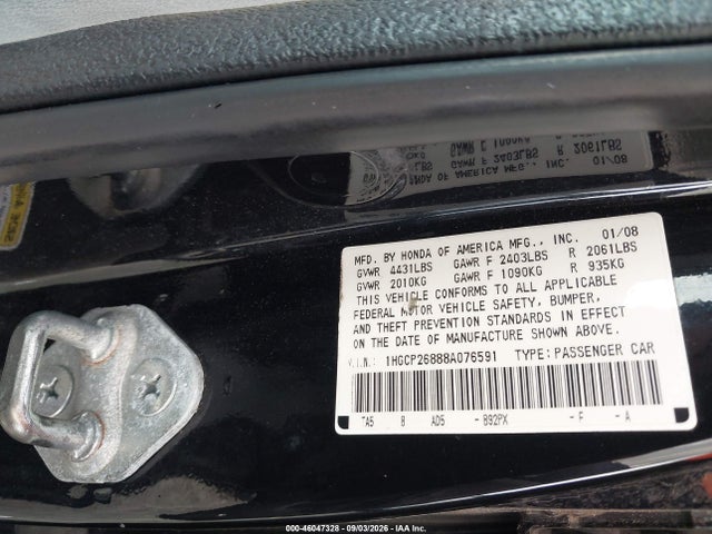 Aukcja sprzedaży 2008 Honda Accord 2.4 Ex-l, vin: 1HGCP26888A076591, numer aukcji: 46047328