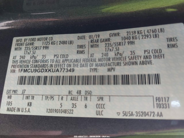 46047331 :رقم المزاد ، 1FMCU9GDXKUA77349 vin ، 2019 Ford Escape Se مزاد بيع