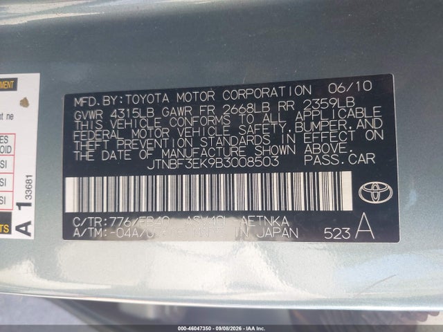 2011 Toyota Camry Le მანქანა იყიდება აუქციონზე, vin: JTNBF3EK9B3008503, აუქციონის ნომერი: 46047350