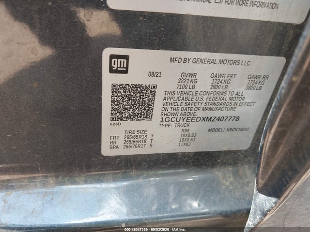 46047359 :رقم المزاد ، 1GCUYEEDXMZ407778 vin ، 2021 Chevrolet Silverado 1500 4wd  Short Bed Rst مزاد بيع