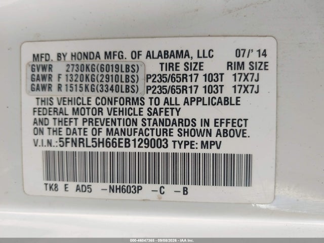 Aukcja sprzedaży 2014 Honda Odyssey Ex-l, vin: 5FNRL5H66EB129003, numer aukcji: 46047365