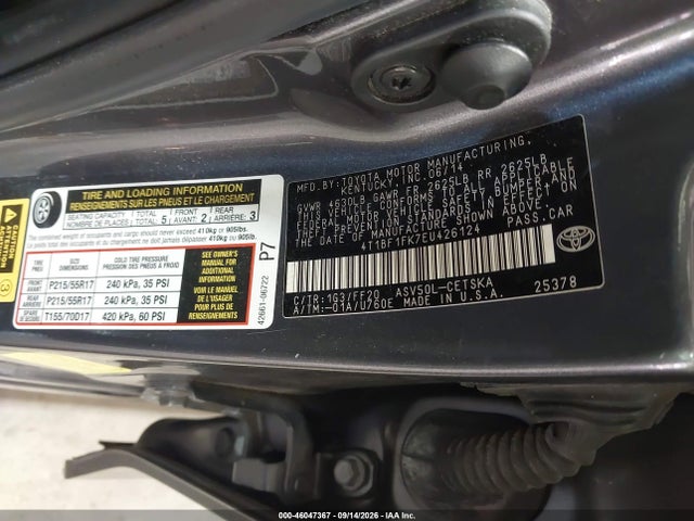 2014 Toyota Camry Se მანქანა იყიდება აუქციონზე, vin: 4T1BF1FK7EU426124, აუქციონის ნომერი: 46047367