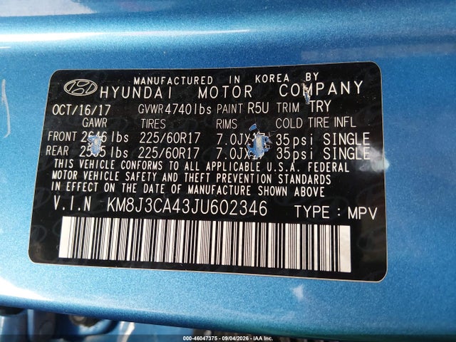 46047375 :رقم المزاد ، KM8J3CA43JU602346 vin ، 2018 Hyundai Tucson Sel مزاد بيع