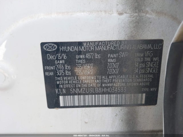 Aukcja sprzedaży 2017 Hyundai Santa Fe Sport 2.4l, vin: 5NMZU3LB8HH034533, numer aukcji: 46047381
