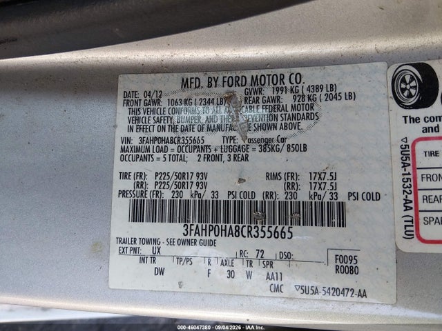 46047380 :رقم المزاد ، 3FAHP0HA8CR355665 vin ، 2012 Ford Fusion Se مزاد بيع