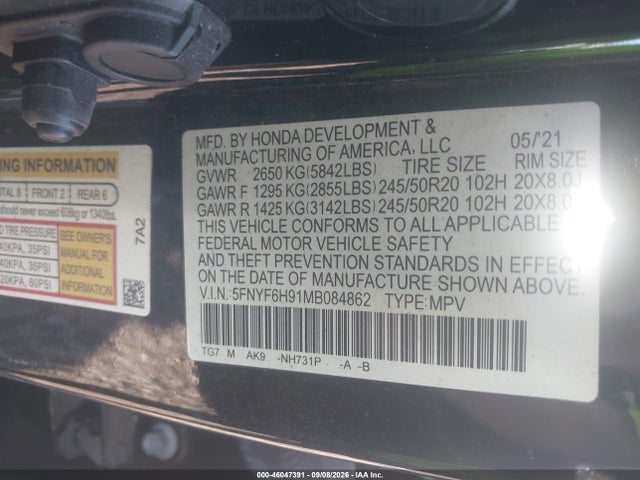 Aukcja sprzedaży 2021 Honda Pilot Awd Touring 8 Passenger, vin: 5FNYF6H91MB084862, numer aukcji: 46047391