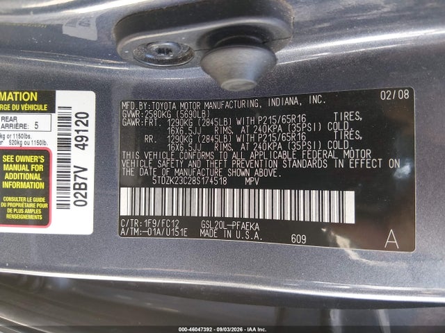 Продаж на аукціоні авто 2008 Toyota Sienna Le, vin: 5TDZK23C28S174518, номер лоту: 46047392