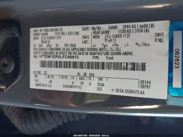 Auction sale of the 2020 Ford F-150 Xl, vin: 1FTEW1EP0LFC66913, lot number: 46047398