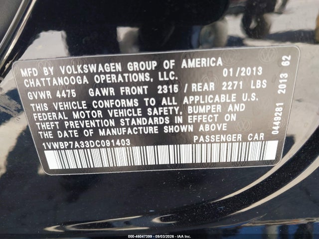 2013 Volkswagen Passat 2.5l Se მანქანა იყიდება აუქციონზე, vin: 1VWBP7A33DC091403, აუქციონის ნომერი: 46047399