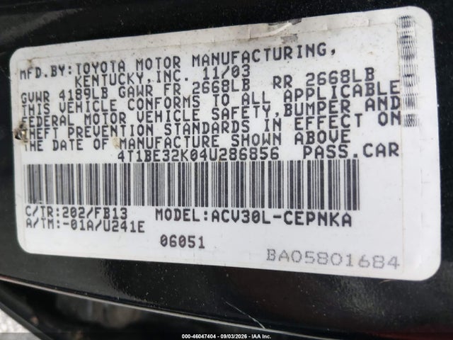 2004 Toyota Camry Le მანქანა იყიდება აუქციონზე, vin: 4T1BE32K04U286856, აუქციონის ნომერი: 46047404