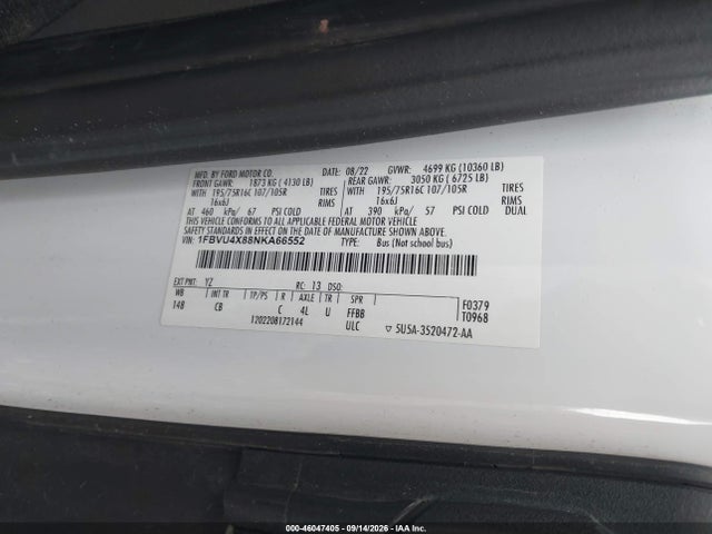 46047405 :رقم المزاد ، 1FBVU4X88NKA66552 vin ، 2022 Ford Transit-350 Passenger Van Xl مزاد بيع