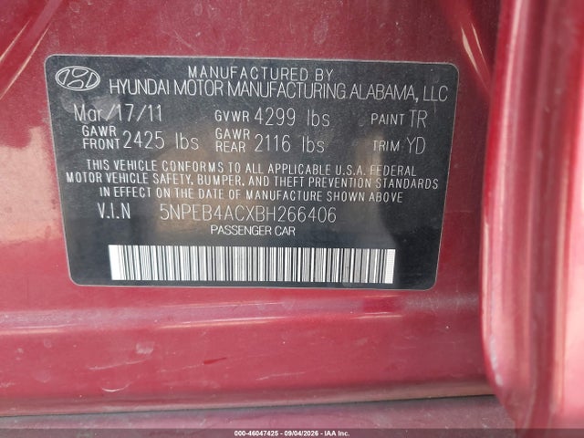 Продаж на аукціоні авто 2011 Hyundai Sonata Gls, vin: 5NPEB4ACXBH266406, номер лоту: 46047425