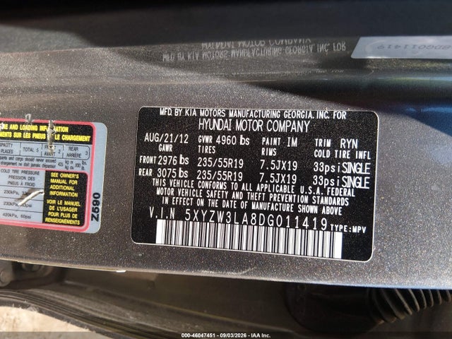 2013 Hyundai Santa Fe Sport 2.0t მანქანა იყიდება აუქციონზე, vin: 5XYZW3LA8DG011419, აუქციონის ნომერი: 46047451