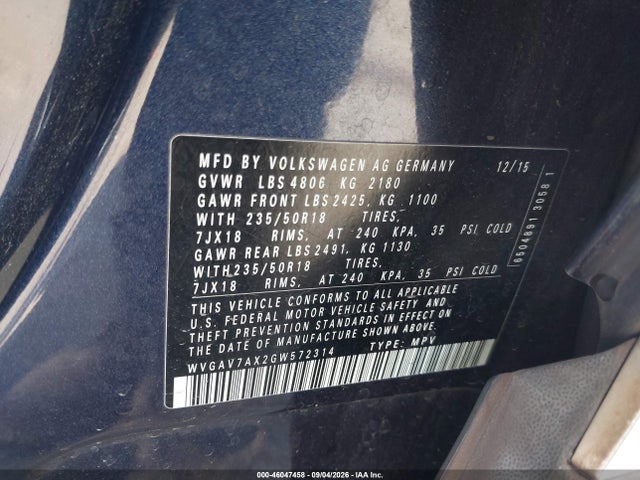 WVGAV7AX2GW572314 Volkswagen TIGUAN SE