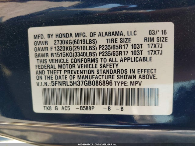 46047475 :رقم المزاد ، 5FNRL5H37GB086896 vin ، 2016 Honda Odyssey Se مزاد بيع