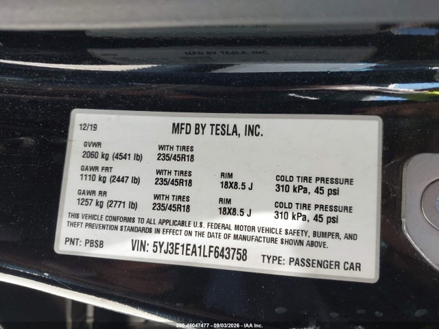 5YJ3E1EA1LF643758 Tesla Model 3 Standard Range Plus Rear-wheel Drive/standard Range Rear-wheel Drive