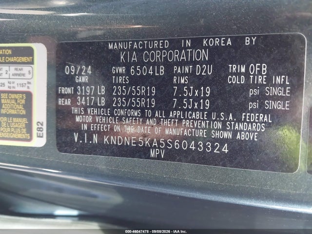 46047478 :رقم المزاد ، KNDNE5KA5S6043324 vin ، 2025 Kia Carnival Mpv Hybrid Sx Prestige مزاد بيع