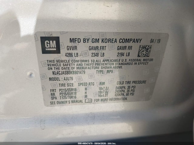 2019 Buick Encore Fwd Preferred მანქანა იყიდება აუქციონზე, vin: KL4CJASB0KB901479, აუქციონის ნომერი: 46047479