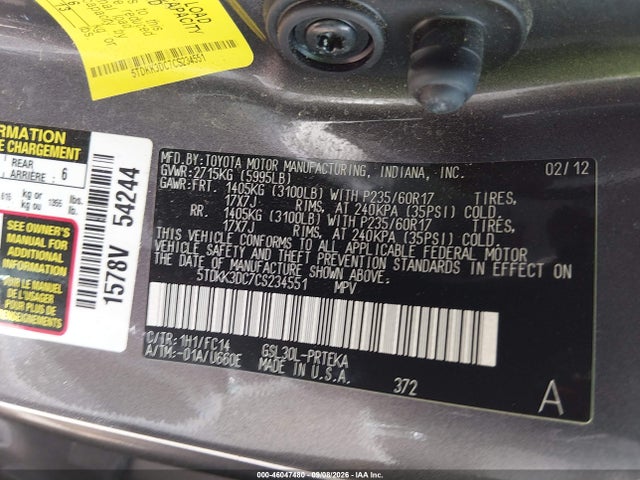 Aukcja sprzedaży 2012 Toyota Sienna Le V6 8 Passenger, vin: 5TDKK3DC7CS234551, numer aukcji: 46047480