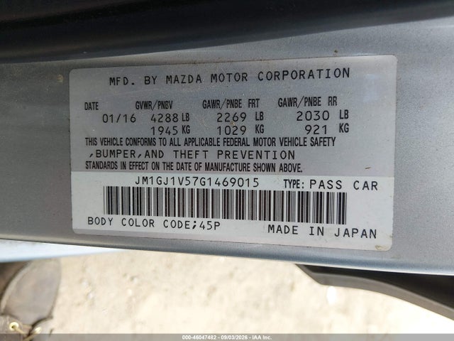 Aukcja sprzedaży 2016 Mazda Mazda6 I Touring, vin: JM1GJ1V57G1469015, numer aukcji: 46047482