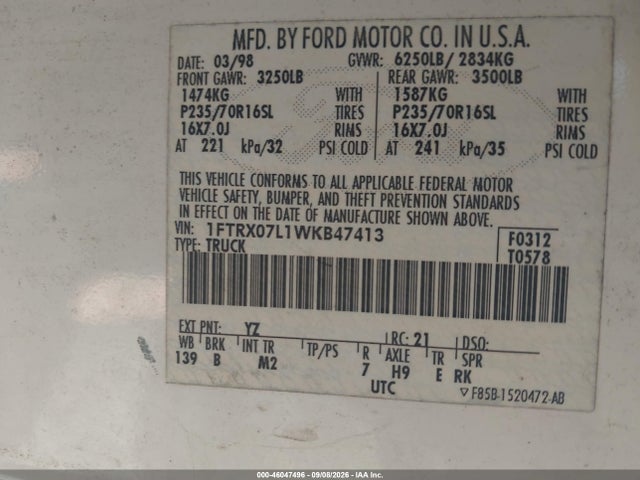 Продажа на аукционе авто 1998 Ford F-150 Lariat/xl/xlt, vin: 1FTRX07L1WKB47413, номер лота: 46047496