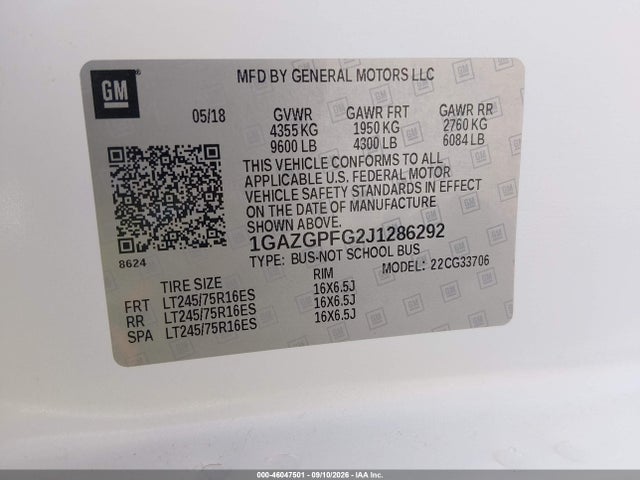 46047501 :رقم المزاد ، 1GAZGPFG2J1286292 vin ، 2018 Chevrolet Express 3500 Lt مزاد بيع