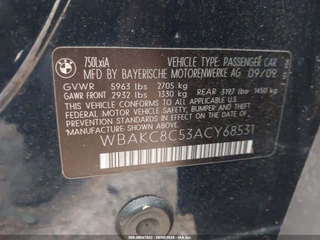 2010 Bmw 750li Xdrive მანქანა იყიდება აუქციონზე, vin: WBAKC8C53ACY68531, აუქციონის ნომერი: 46047502