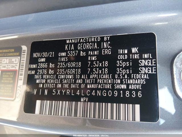 2022 Kia Sorento S მანქანა იყიდება აუქციონზე, vin: 5XYRL4LC4NG091836, აუქციონის ნომერი: 46047520