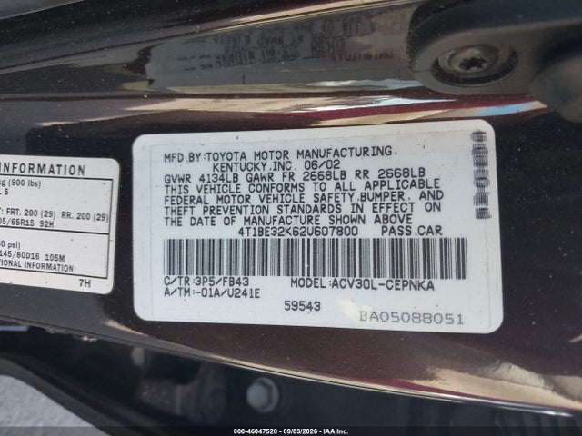 Продаж на аукціоні авто 2002 Toyota Camry Le, vin: 4T1BE32K62U607800, номер лоту: 46047528