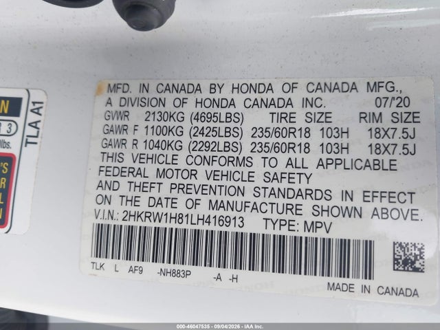 Продажа на аукционе авто 2020 Honda Cr-v 2wd Ex-l, vin: 2HKRW1H81LH416913, номер лота: 46047535
