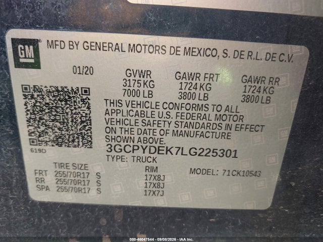 46047544 :رقم المزاد ، 3GCPYDEK7LG225301 vin ، 2020 Chevrolet Silverado 1500 4wd  Short Bed Lt مزاد بيع